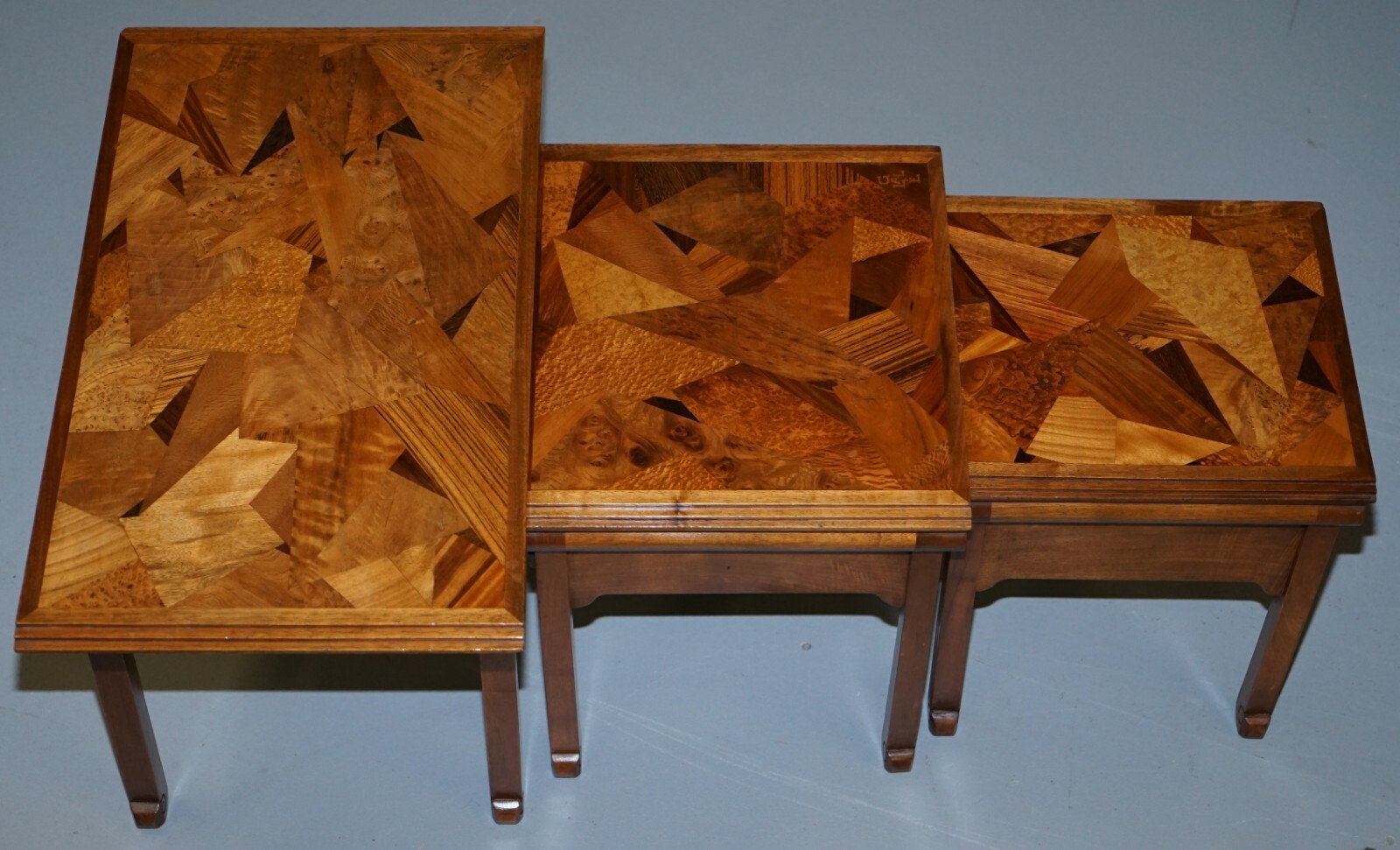 EXTREMELY RARE NEST OF EMILE GALLE CIRCA 1900 SPECIMEN WOOD TABLES ART NOUVEAU