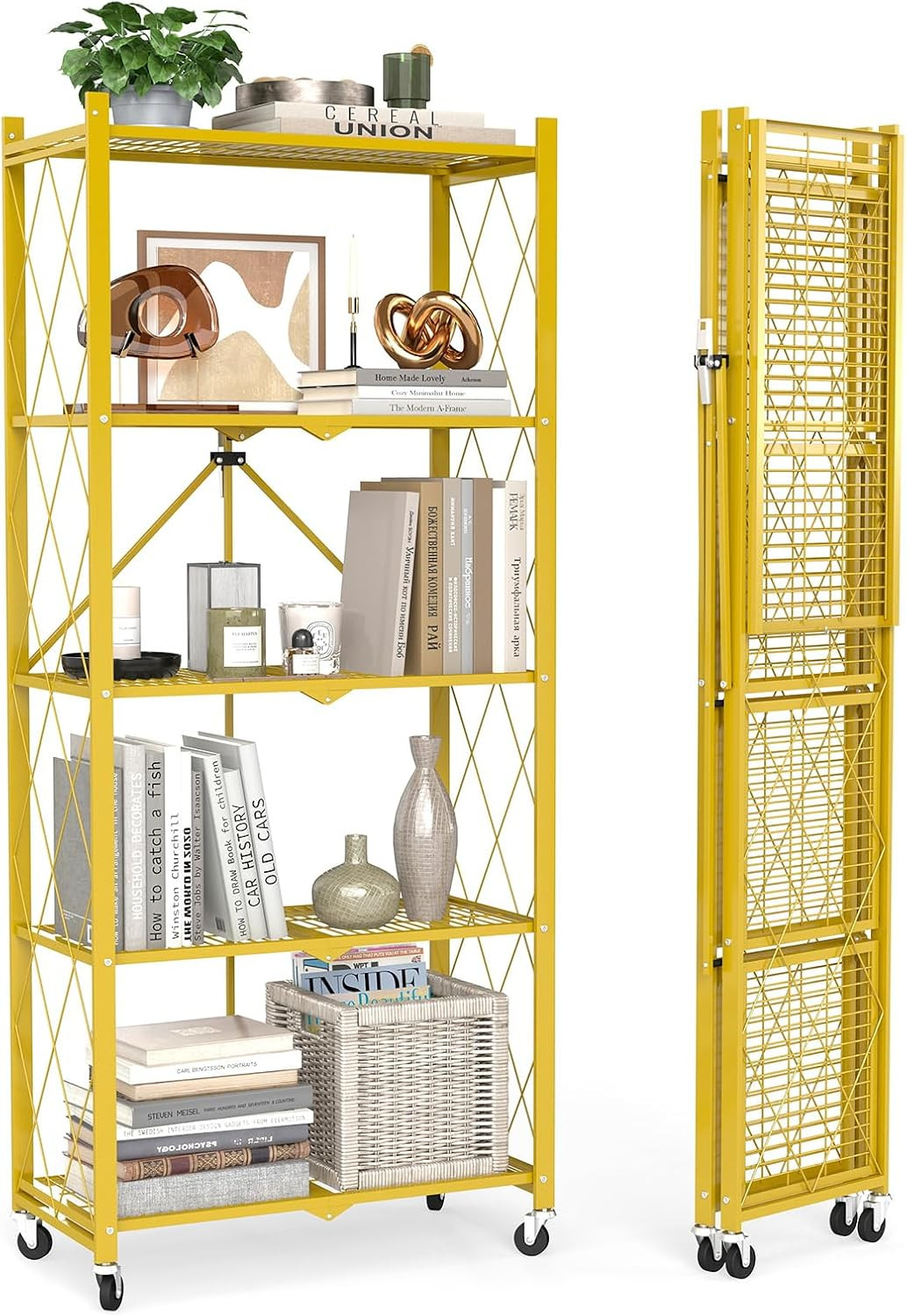 5-Tier Foldable Metal Storage Shelf with Wheels, Gold | Foldable Design; 85 Lb C