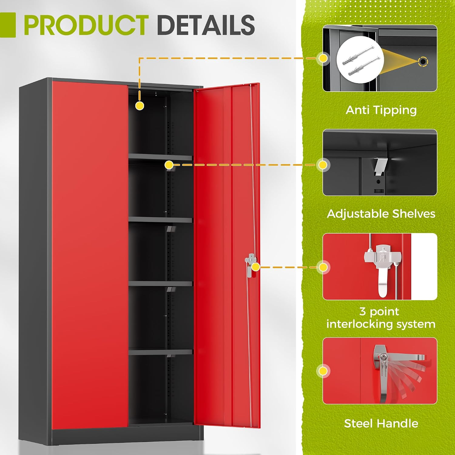 Metal Lockable Storage Cabinet, 72” Tall Storage Cabinet with 2 Doors and 4 Adju