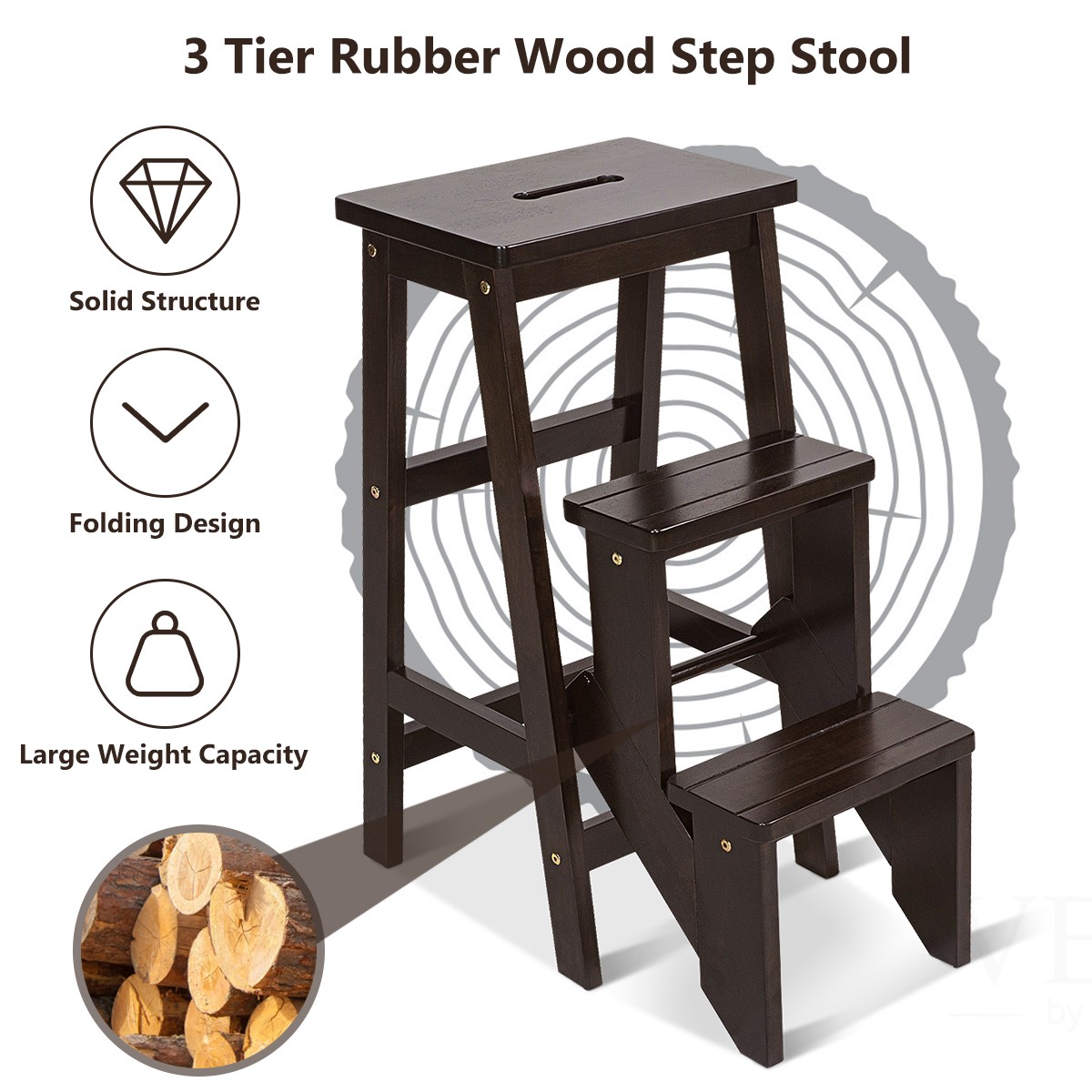 3 Tier Step Stool 3 in 1 Folding Ladder Bench Storage Shelf Brown