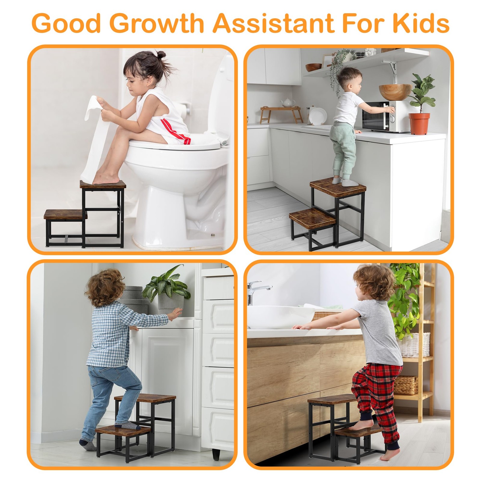 Kids Wooden 2 Step Stool Heavy Duty Tall Toddler Stepping Toilet Bed 450 Lbs
