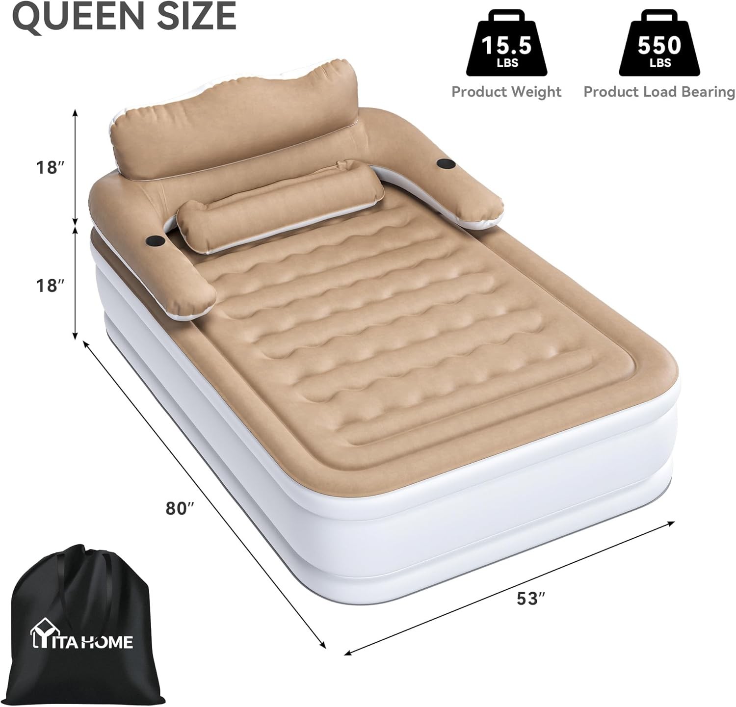 Full XL Air Mattress with Headboard & Pump – 18″ Inflatable Bed for Home & Campi