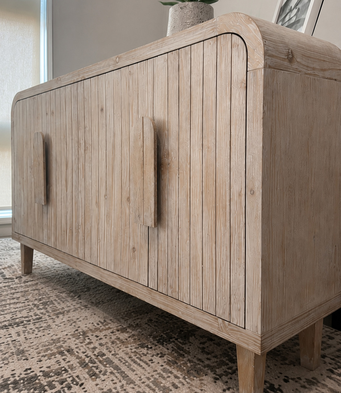 59″ French Country Farmhouse Sideboard Buffet Cabinet Curved 4 Door Storage