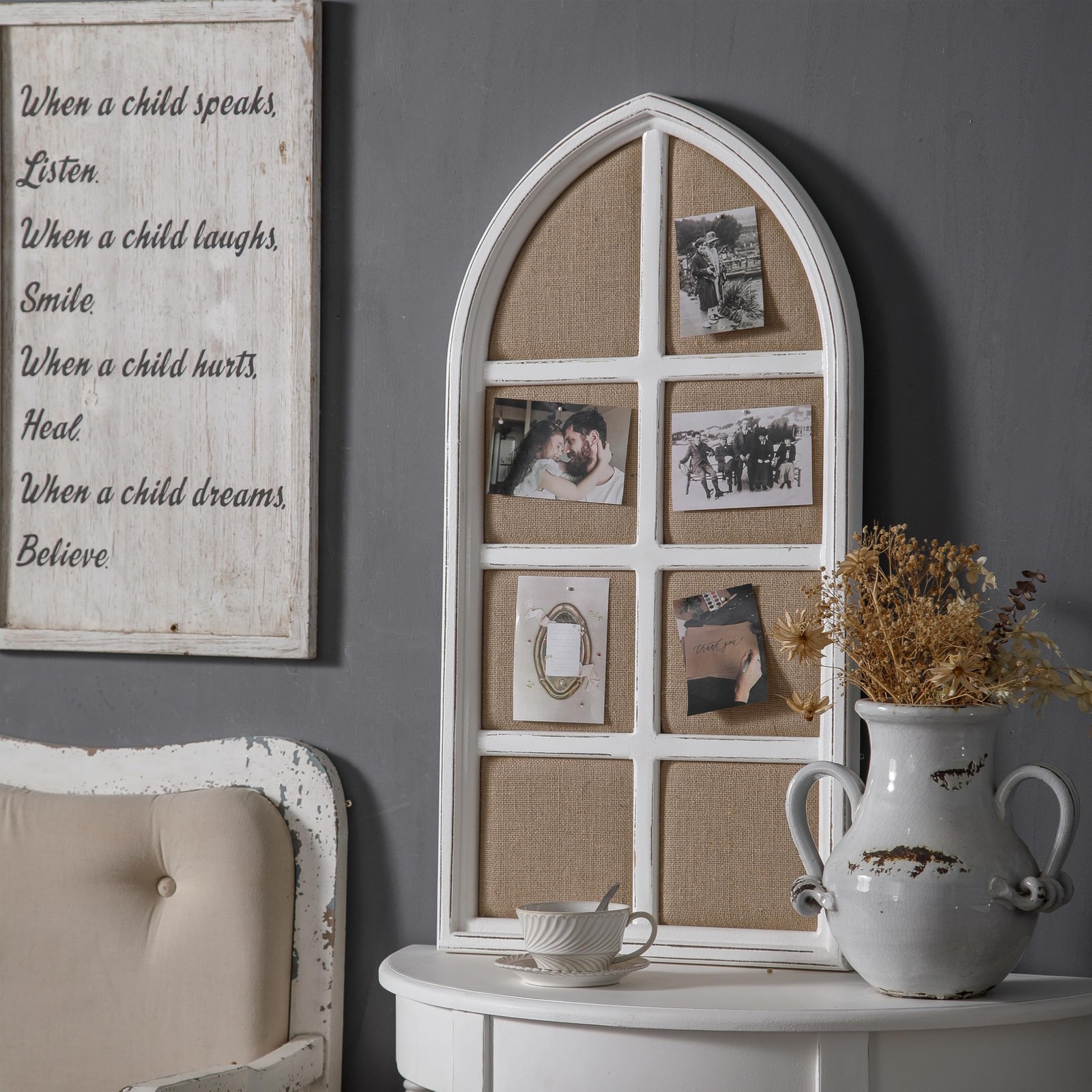 Arched Window Framed Bulletin Board Large, 35 × 18 Inches Linen Pin Board, Fa…