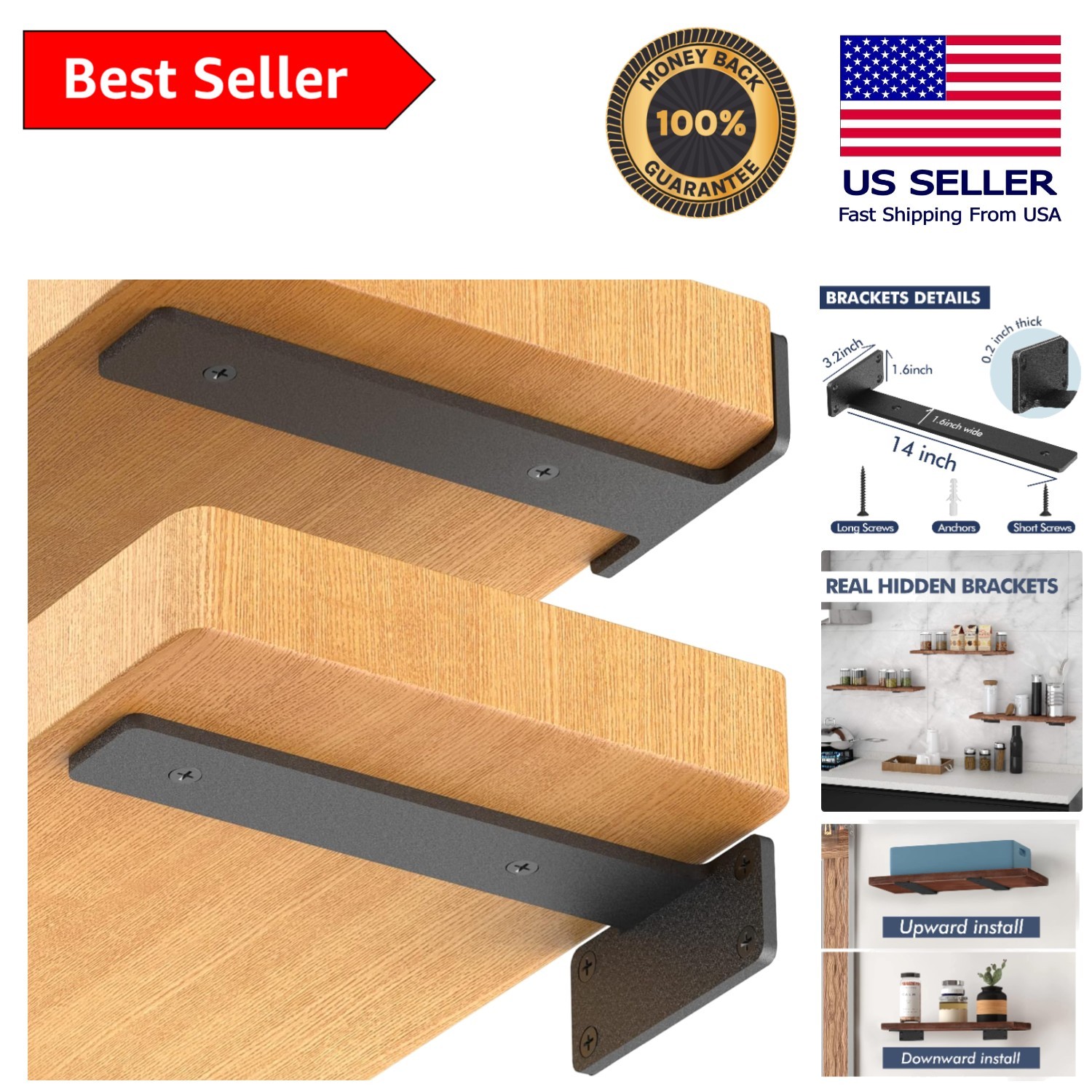 4 Pack 14 Inch Industrial Floating Shelf Brackets – Sturdy Black Metal Design