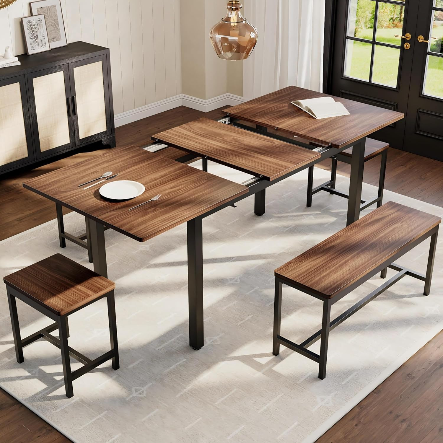 Extendable 5-Piece Dining Set for 4-8, Modern Space-Saving Furniture, Brown