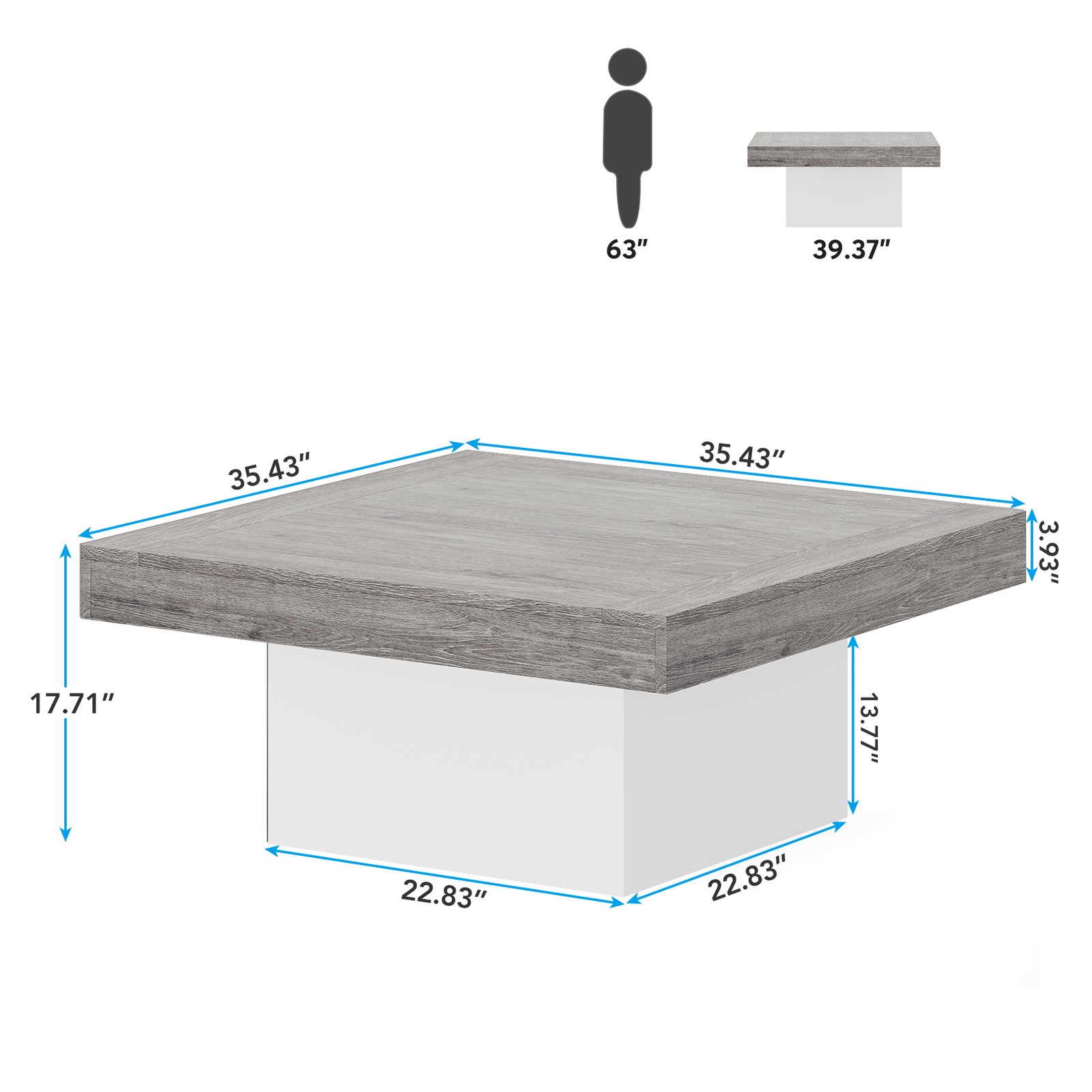 35″ Square Center Table Coffee Table with Led Light, Modern Wood Cocktail Table
