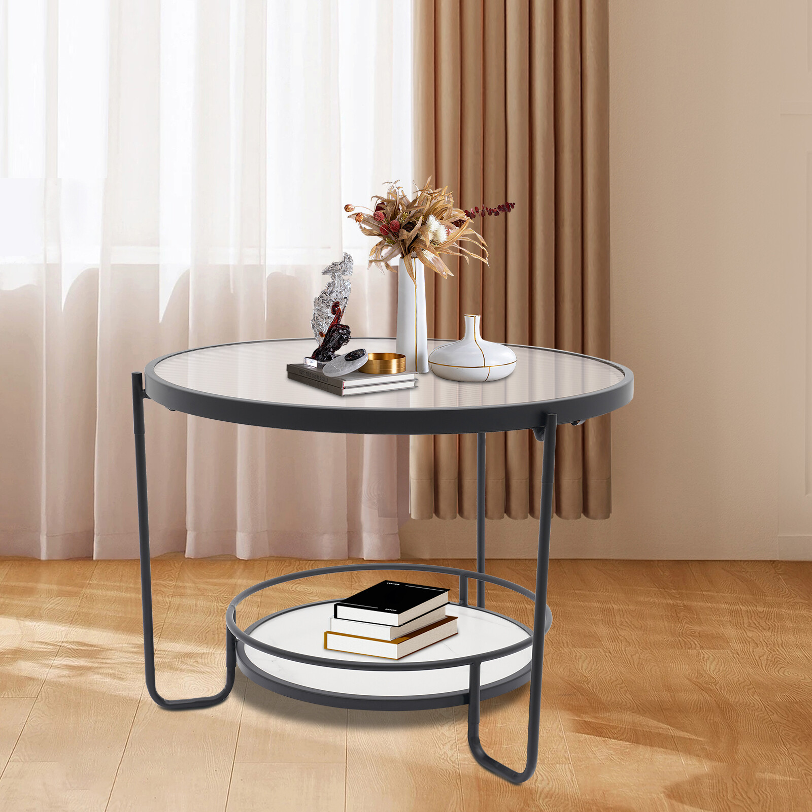 Modern Round 2-Tier Side Table – Black/White& Teal/Clear, Tempered Glass 60/40cm