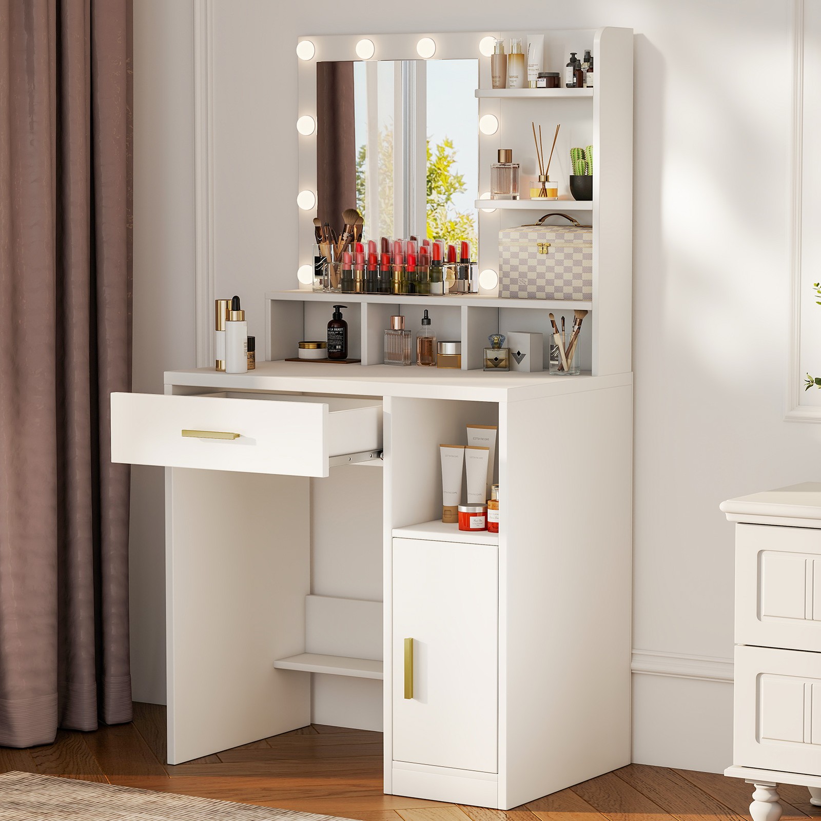 Vanity Desk with Mirror LED Lights Drawers Stool 3 Color Lighting Bedroom White