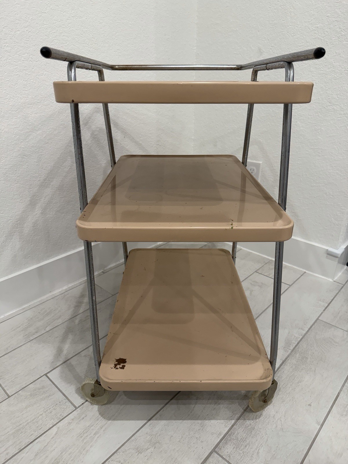 Vintage Cosco 3 Tier Cart Metal Rolling Bar Serving MCM Atomic Retro Beige Tan