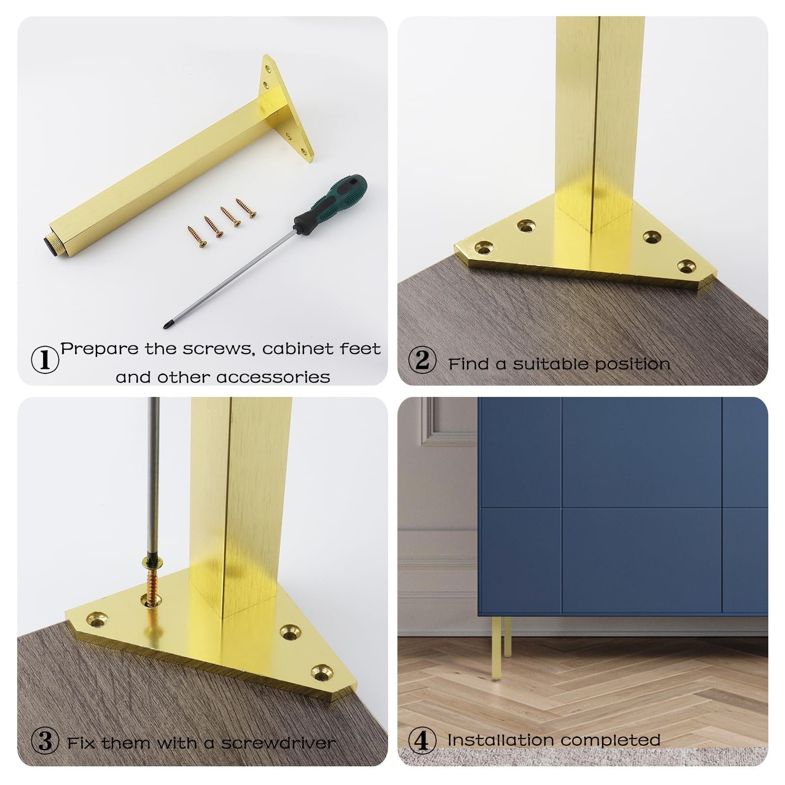 4 PCS 12 Inch Adjustable Square Furniture Legs 1000lbs Capacity Gold Feet