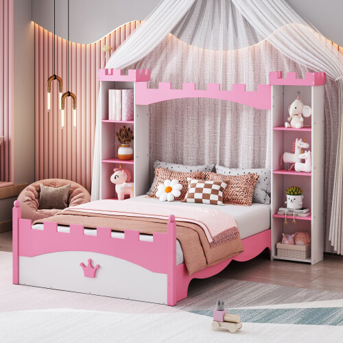 Castle-Shaped Platform Bed with Storage Shelves Both Side Wooden Bed Frames Twin