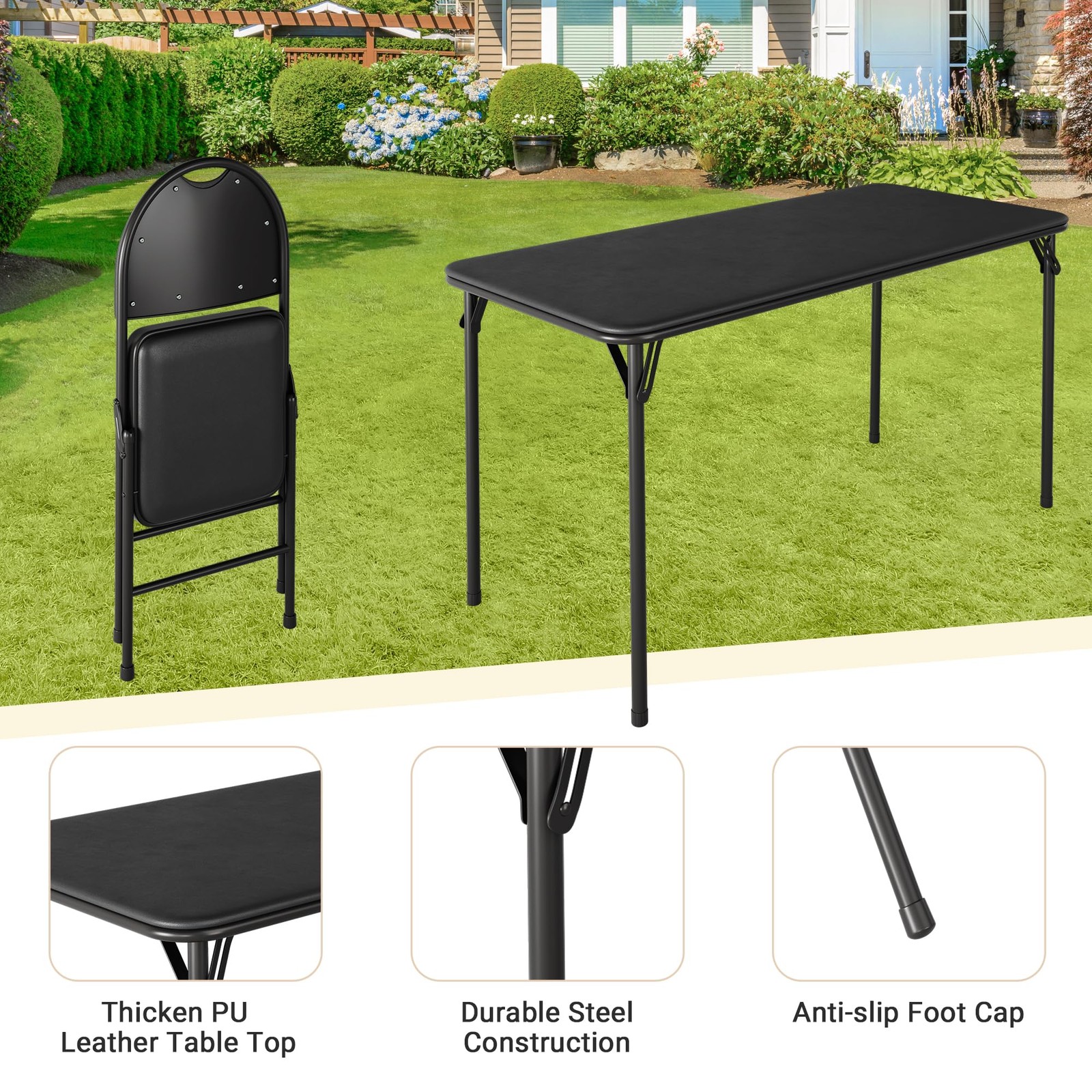 Folding Table and Chairs ,5pcs Card Table & Upholstered Chair Set w/ Metal Legs