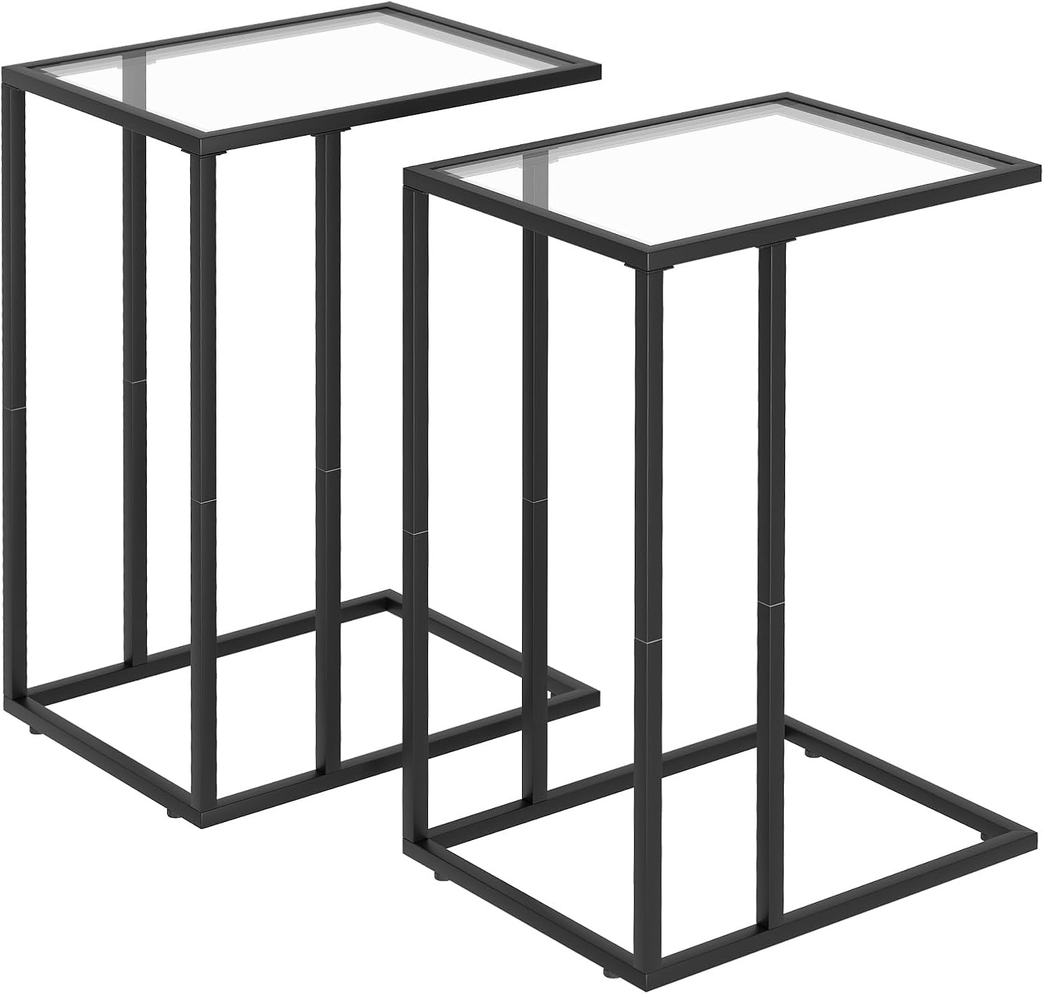 Modern C Shaped End Table Set of 2 with Glass Top for Small Spaces, Black