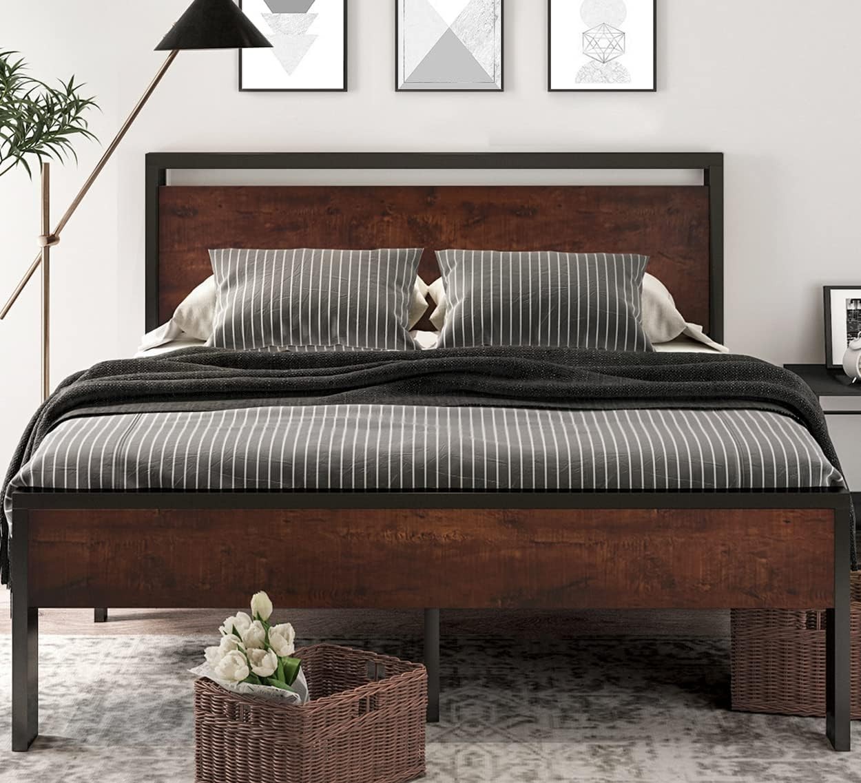Rustic Metal Bed Frame with Wooden Headboard, Full