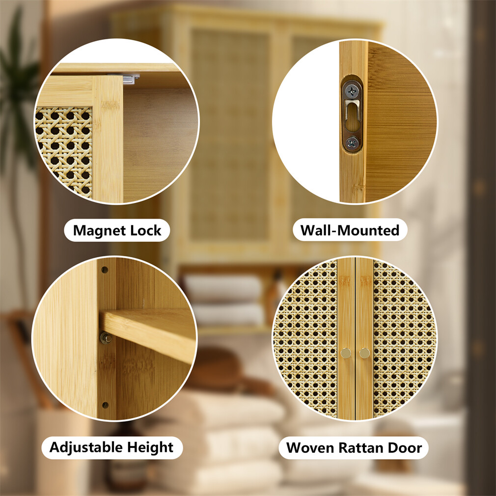 Bamboo Bathroom Wall Cabinet Space Saver Kitchen Storage Hanging Cupboard 2 Door