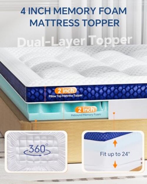 Mattress Topper Dual Layer 4 Inch Memory Foam Mattress Queen White-blue