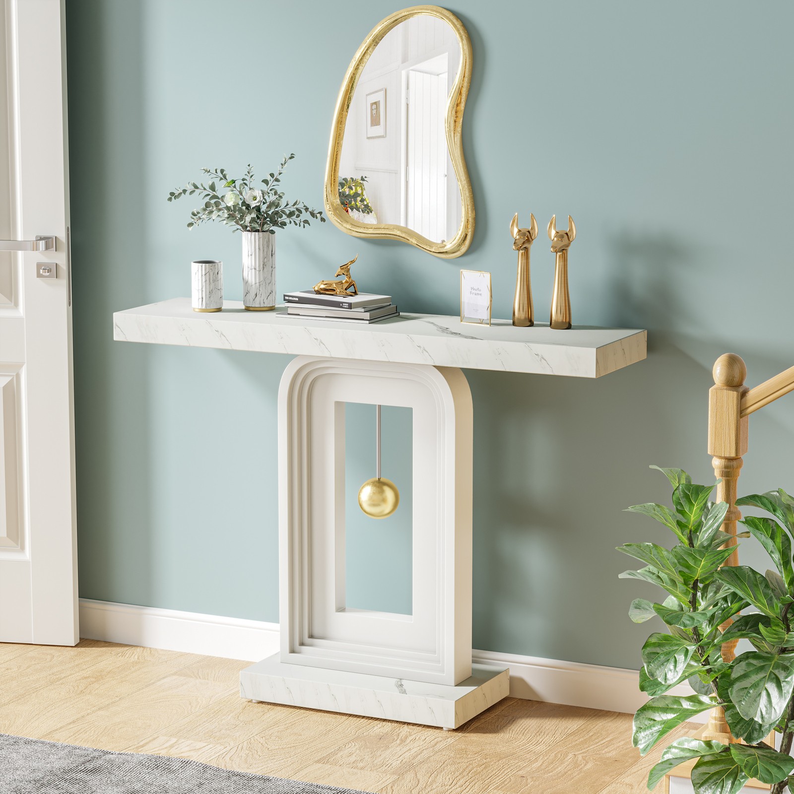 Modern Console Table, 39.4-Inch Faux Marble Sofa Table for Living Room, Hallway