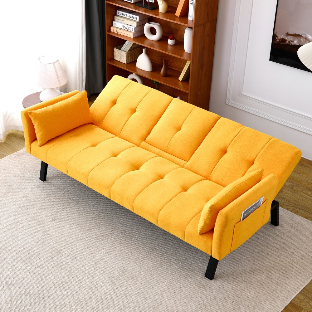 70″ Cotton Linen Sofa Bed, Foldable Sofa w/Cup Holder& Storage,Multi-Functional