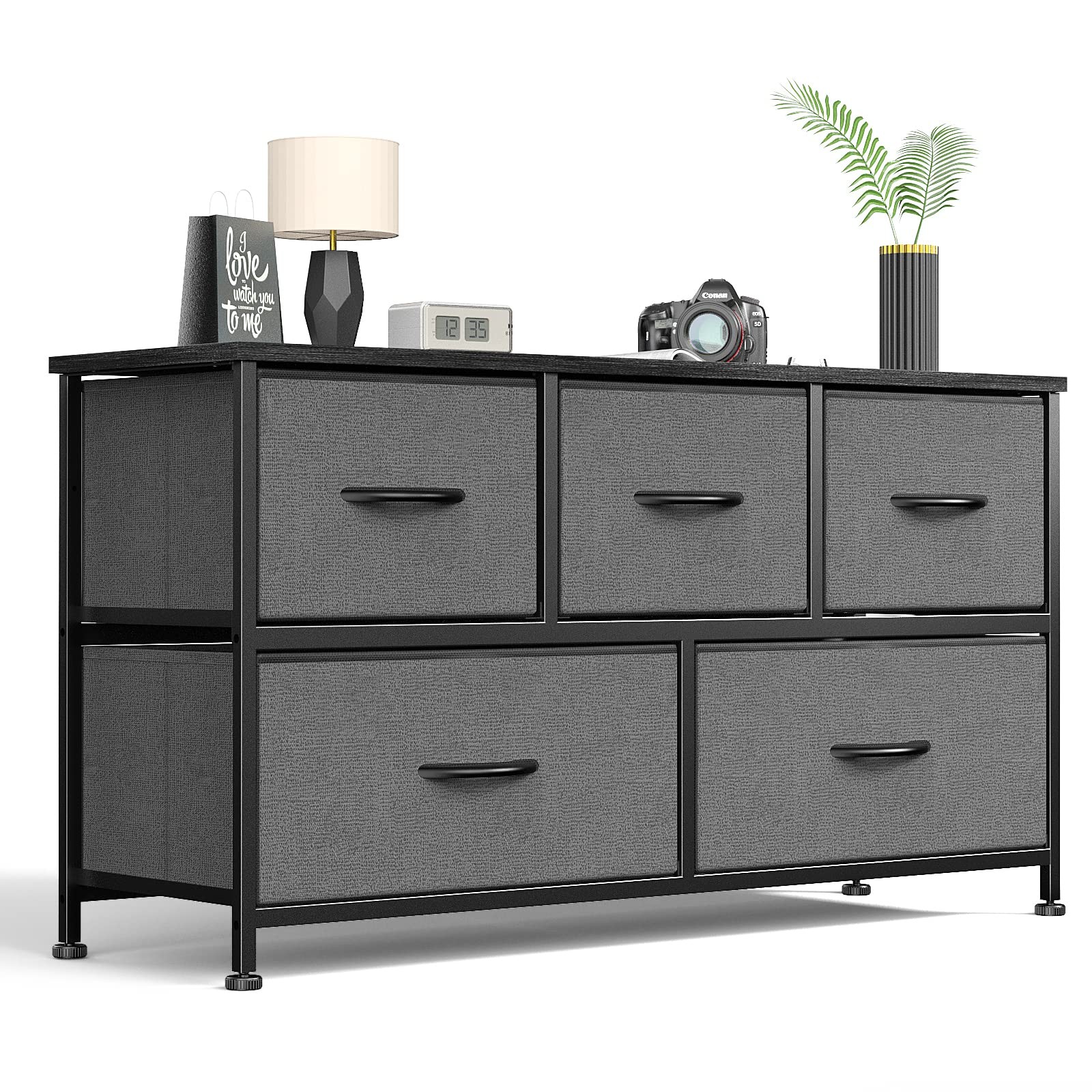 SWEETCRISPY DRESSER 5 DRAWERS CLOTHES CABINET WOOD TOP SURFACE – GRAY