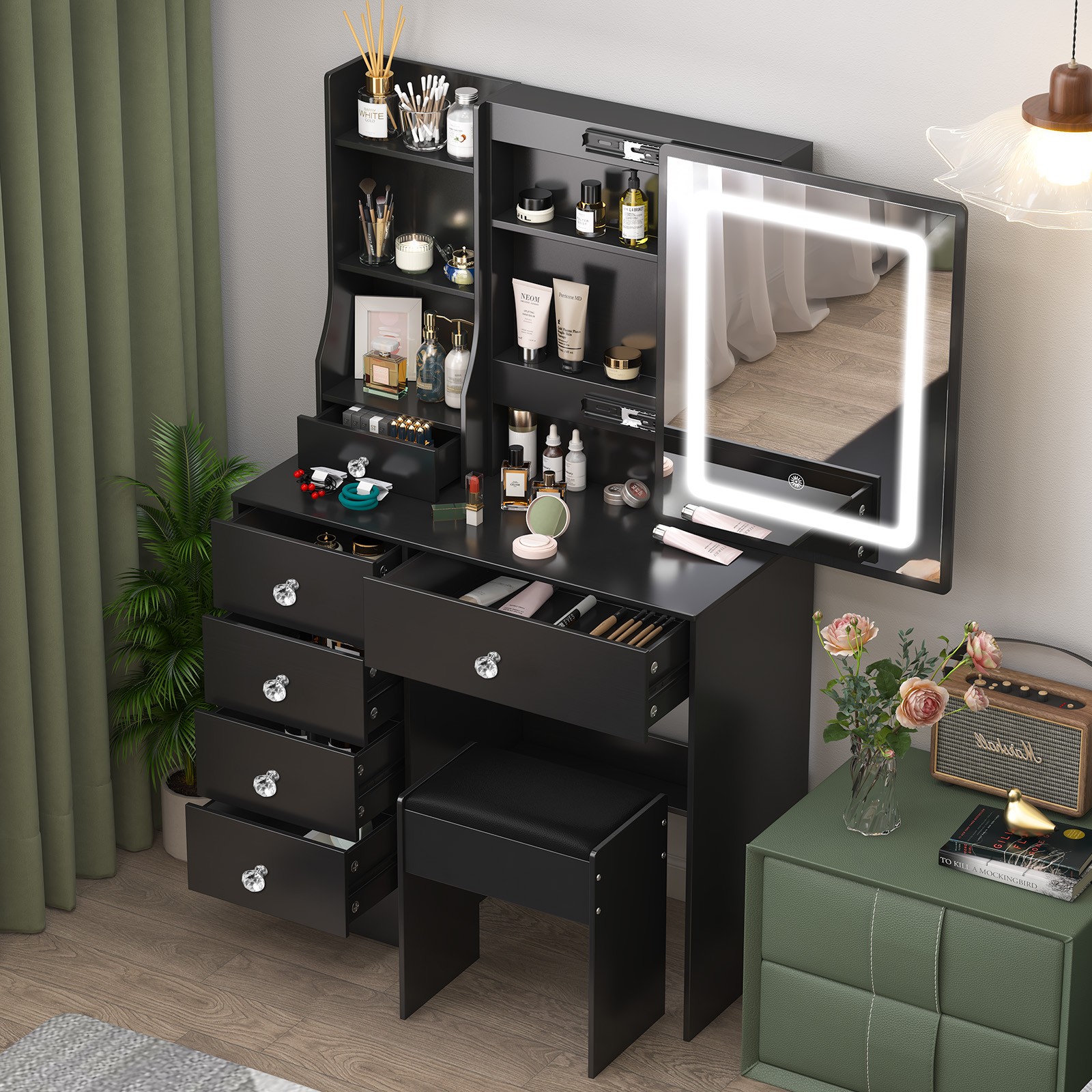 Black Vanity Makeup Desk with LED Lighted Mirror and 6 Drawers Dressing Table
