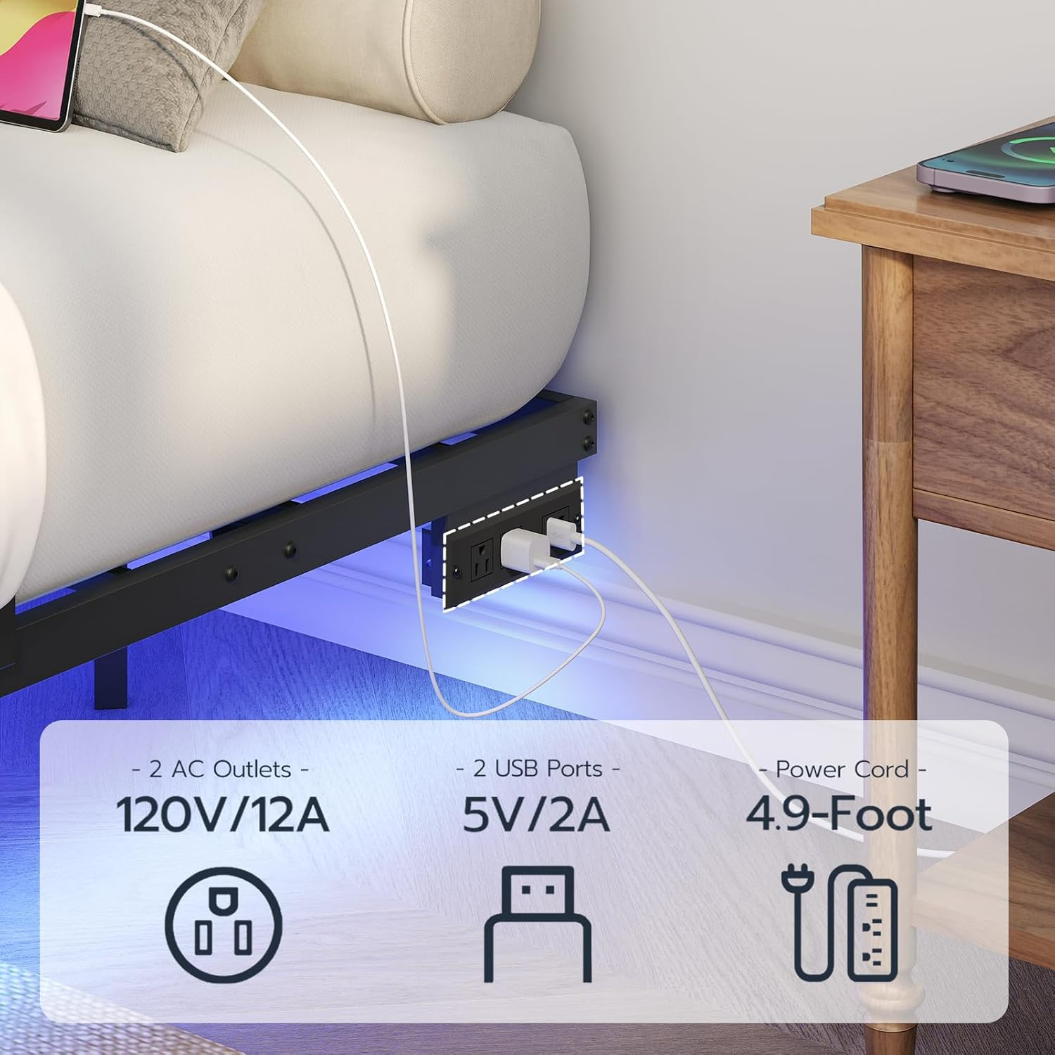 King Size Floating Bed Frame with LED Lights & Charging Station, Black Metal