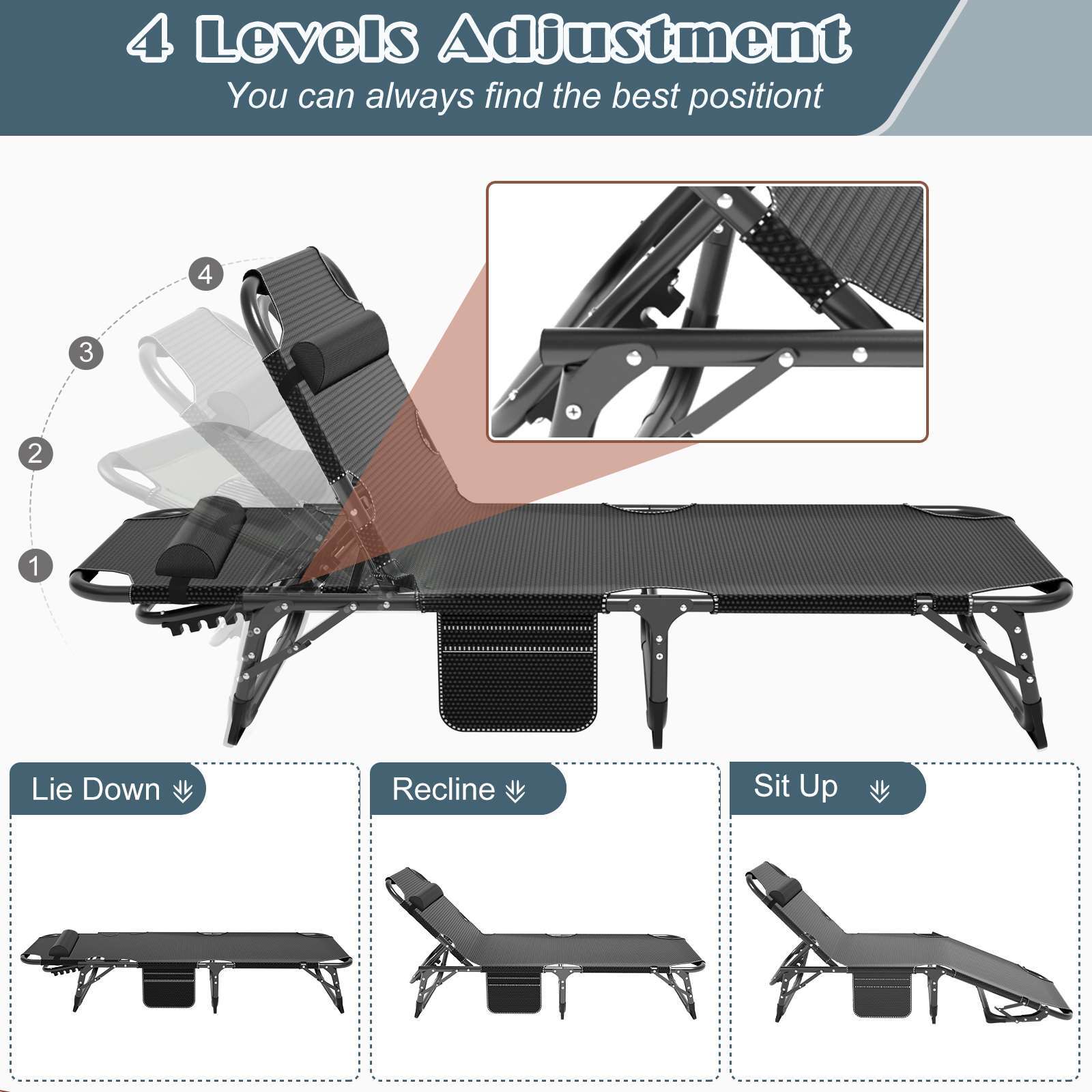NAIZEA Camping Cot 4 Gears Adjustable Folding Chaise Chair Bed w/Mattress Pillow