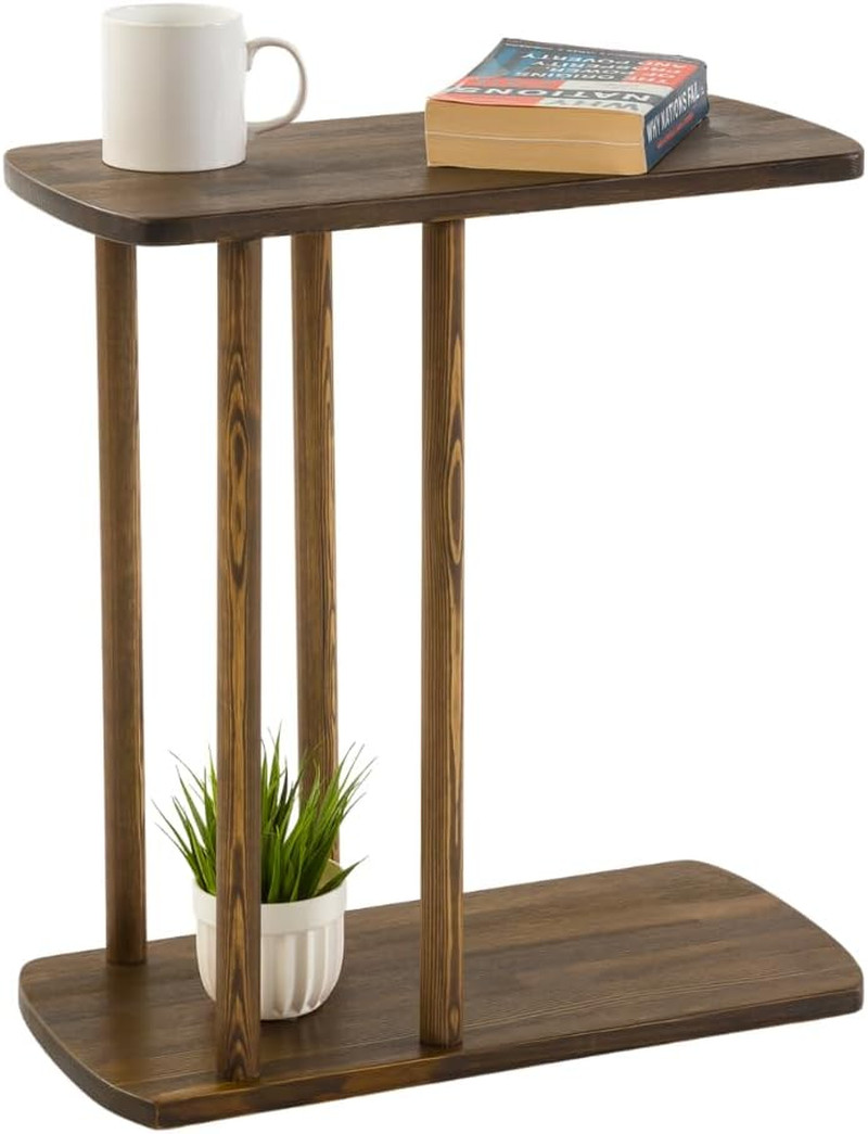 C-Shaped Solid Wood End Table for Couches – Dark Walnut, Large Size