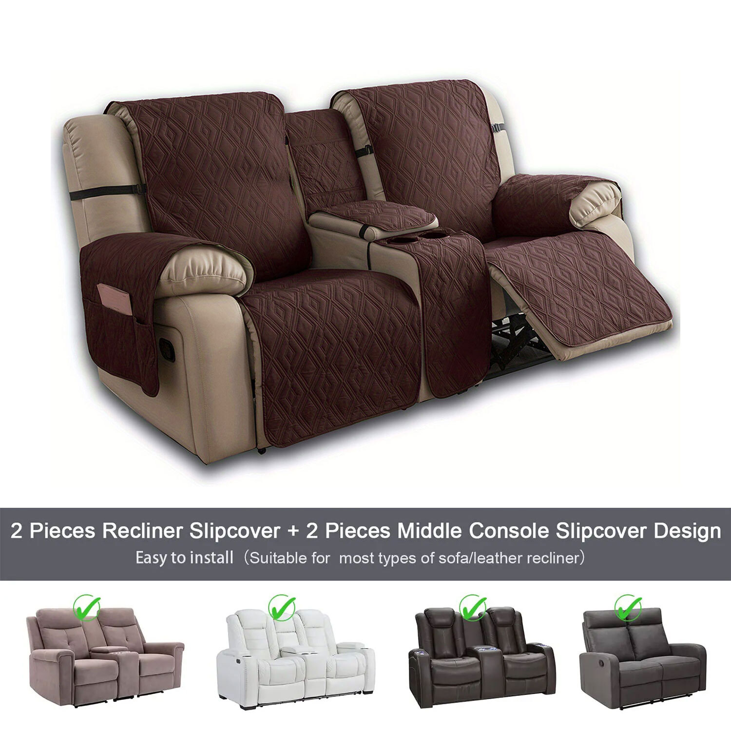 100% waterproof recliner cover double with center console, strap design