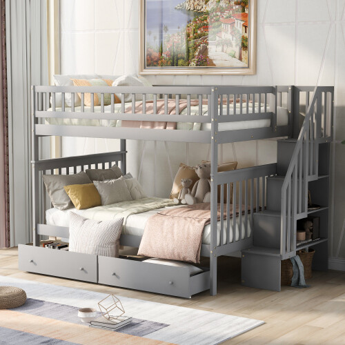 Full Over Full Bunk Bed w/ Storage Drawers & Staircase Wood Platform Bed Frames