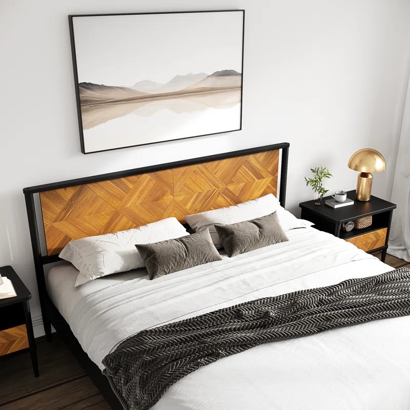 King Mid Century Modern Acacia Wood Platform Bed Frame Chevron Headboard 800lb