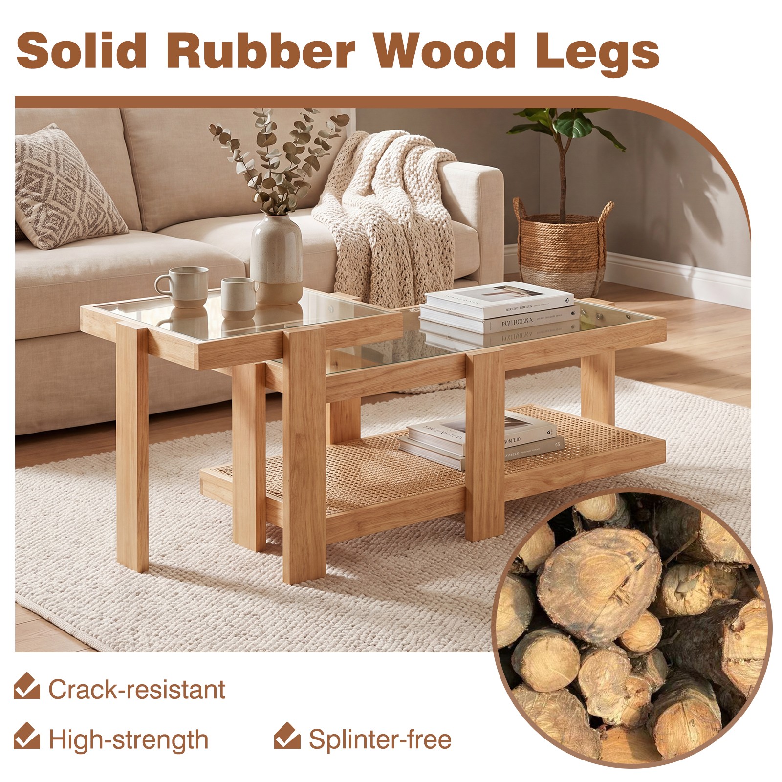 Nesting Coffee Table Set of 2, Boho Rattan Accent Table with Tempered Glass Top