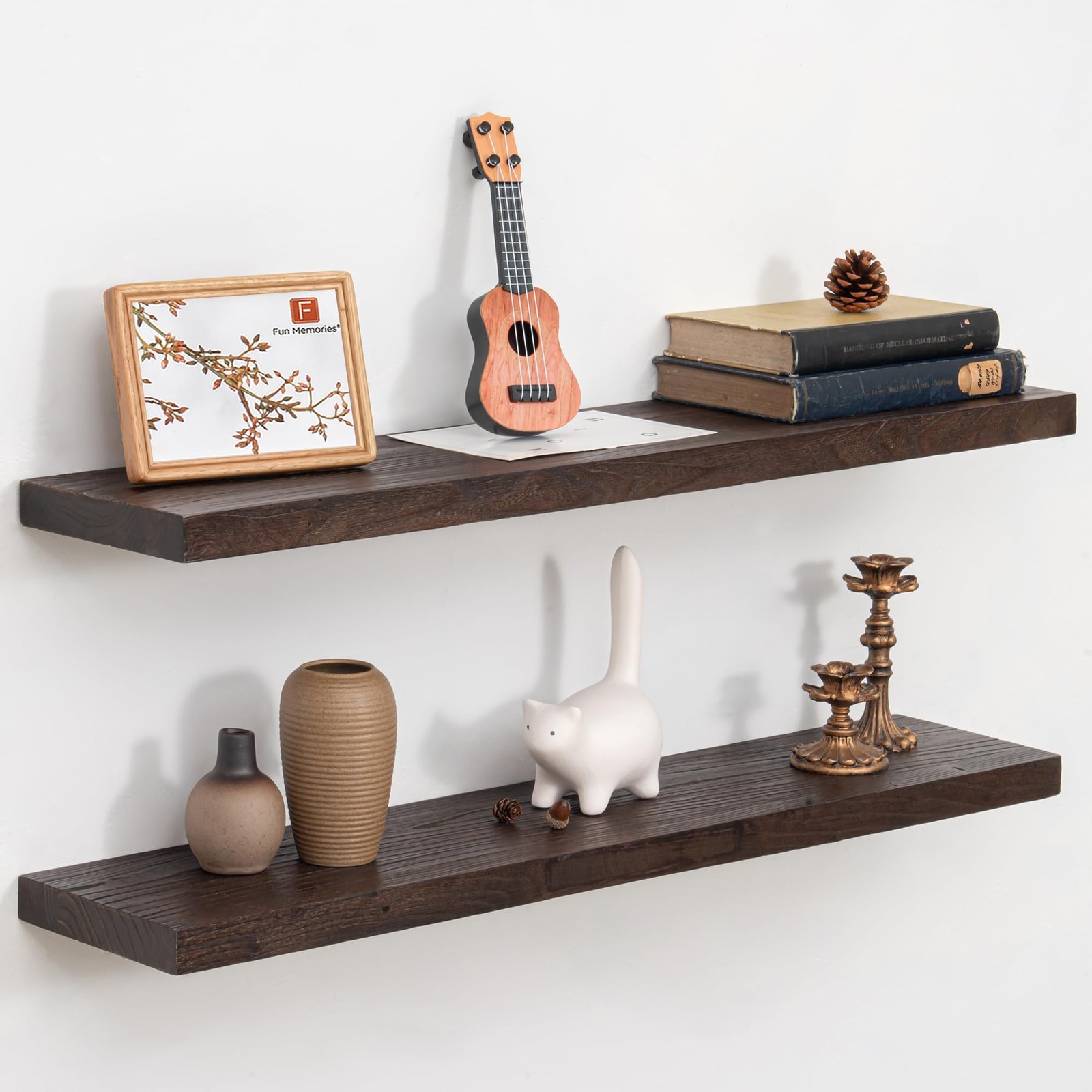 Fun Memories Floating Shelves Wall Set 2, Rustic Solid Elm Wood Wall Shelves 36