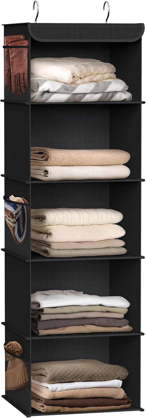 Hanging Closet Organizer 5 Shelves Black Wire Rod Storage 12x12x8.75 Inches