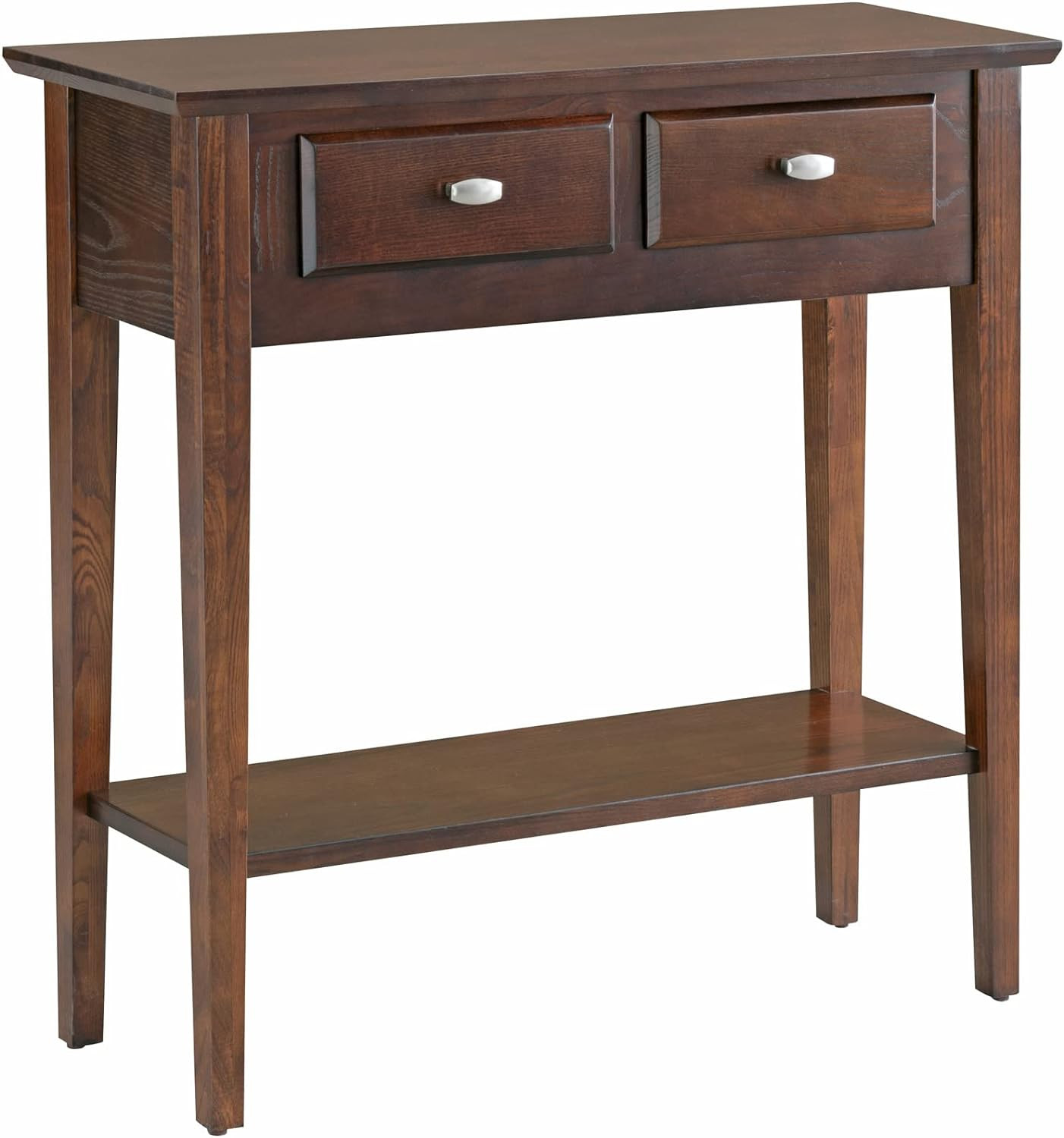 10075-CH Two Drawer Sofa Table Hall Console with Shelf, Chocolate Oak, 11 in X 3