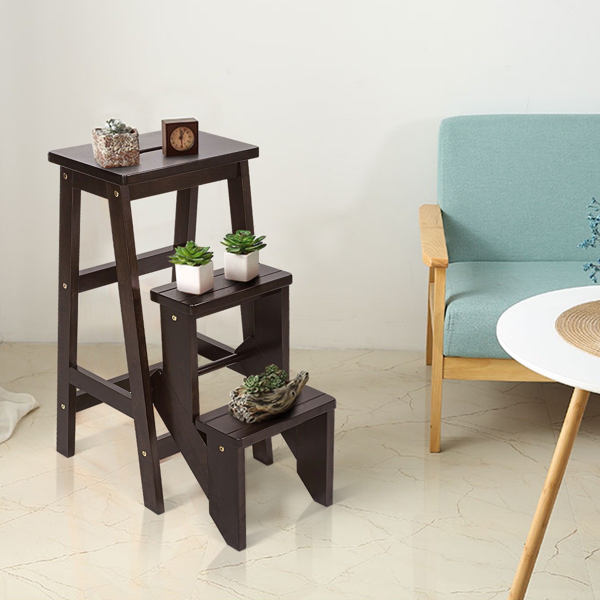 3 Tier Step Stool 3 in 1 Folding Ladder Bench Storage Shelf Brown