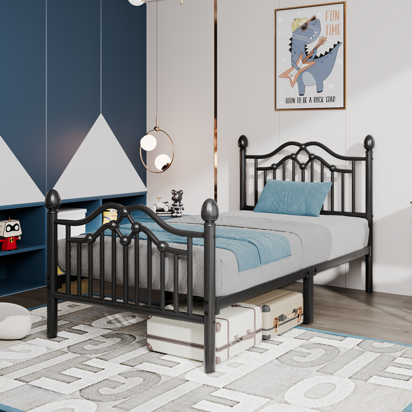 Metal Twin/Full/Queen Size Bed Frame with Headboard and Footboard,Black/White