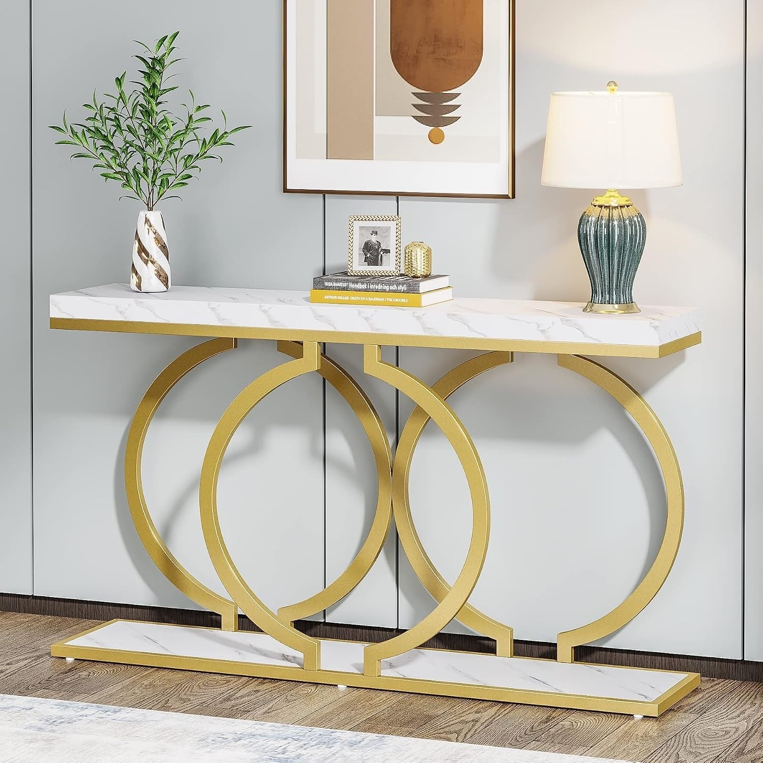 55″ Console Table, Narrow Entryway Sofa Table with Geometric Metal Frame