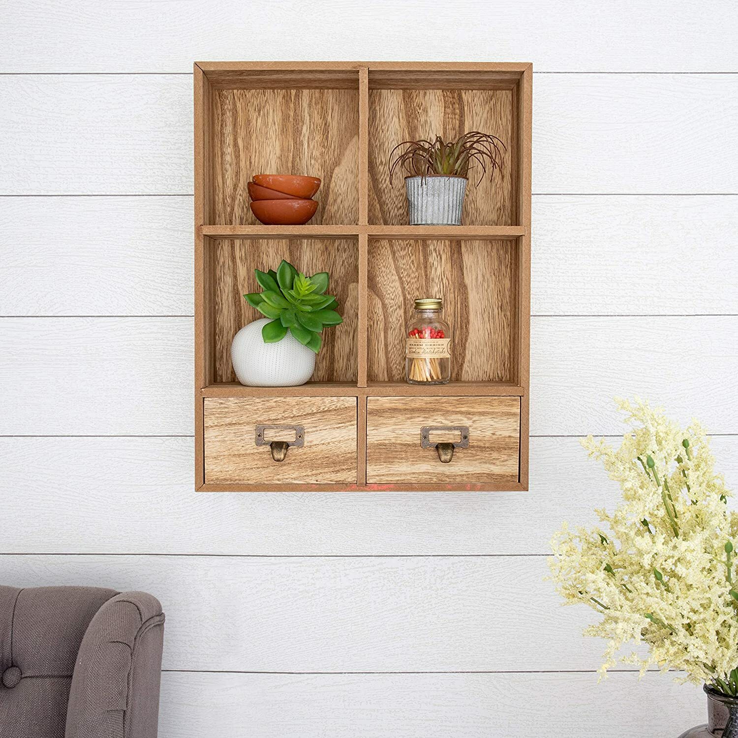 Danya B. BR181001 Small Wall Mount Cubby Display Shelf w/Drawers in Retro Brown