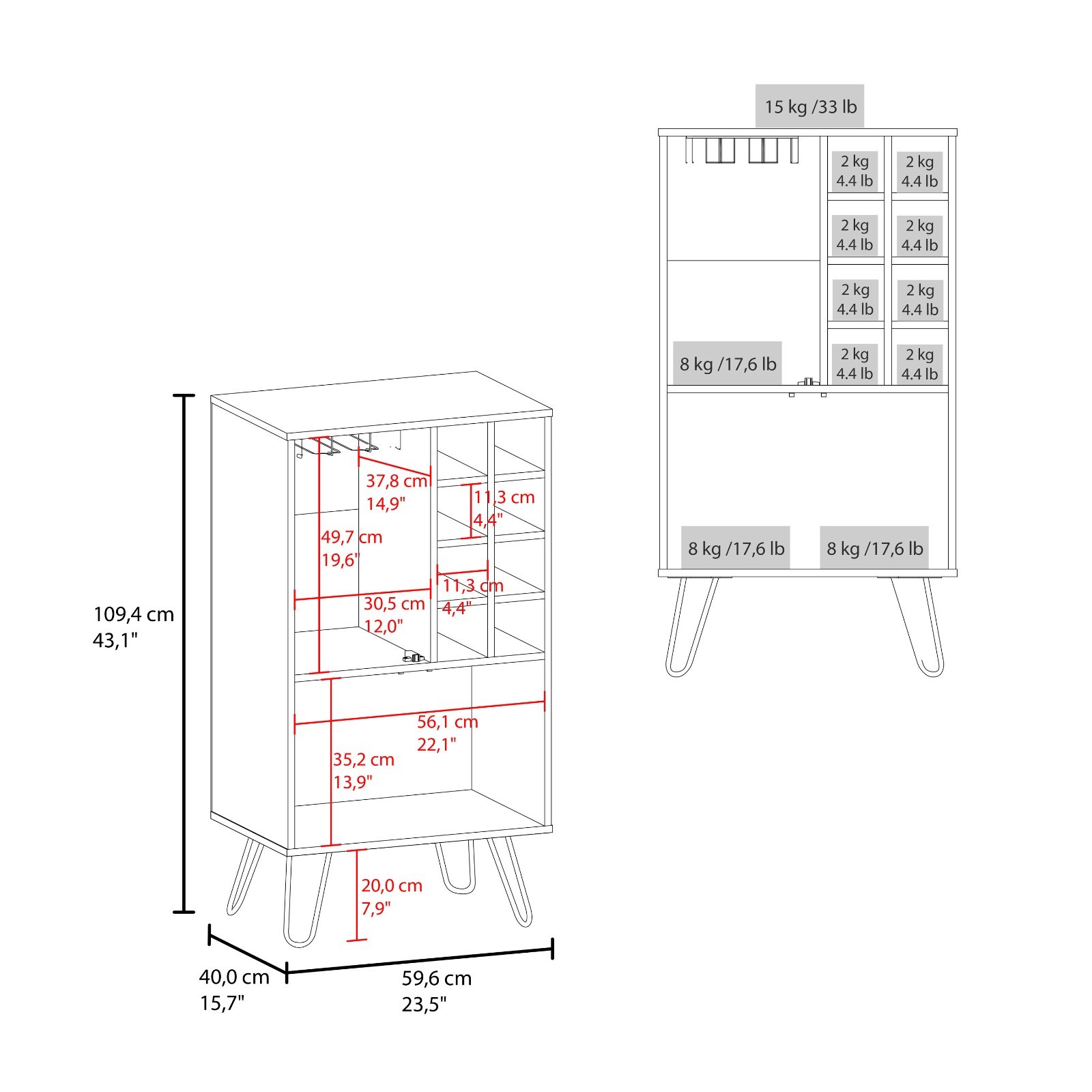 Space-saving design Bar Cabinet 43.1″ H with Two doors,nine shelves for drinks