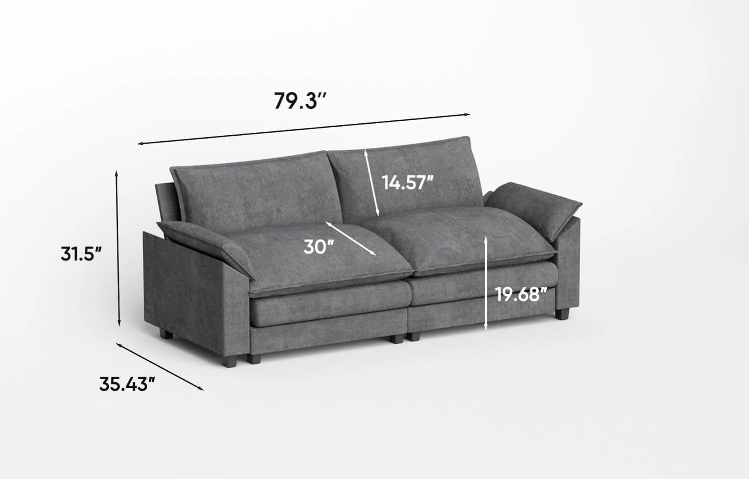 80″ Gray Chenille Sleeper Lovefor seat Sofa Metal Frame Deep for Seat Throw Pill