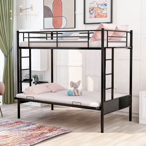 Twin Over Full Metal Bunk Beds Futon Frame Metal Sofa Bed For Kids Adults Black
