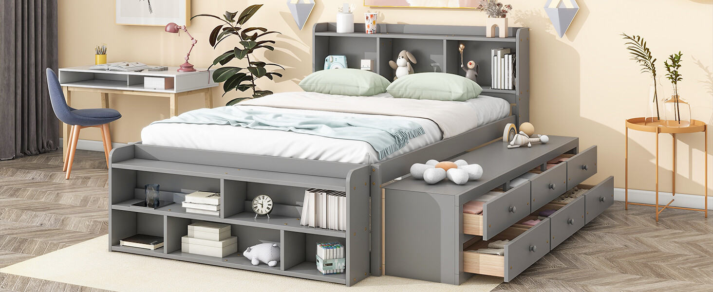 Wooden Full Size Bed Frame with Bookcase Storage Headboard and Drawers/Case Gray