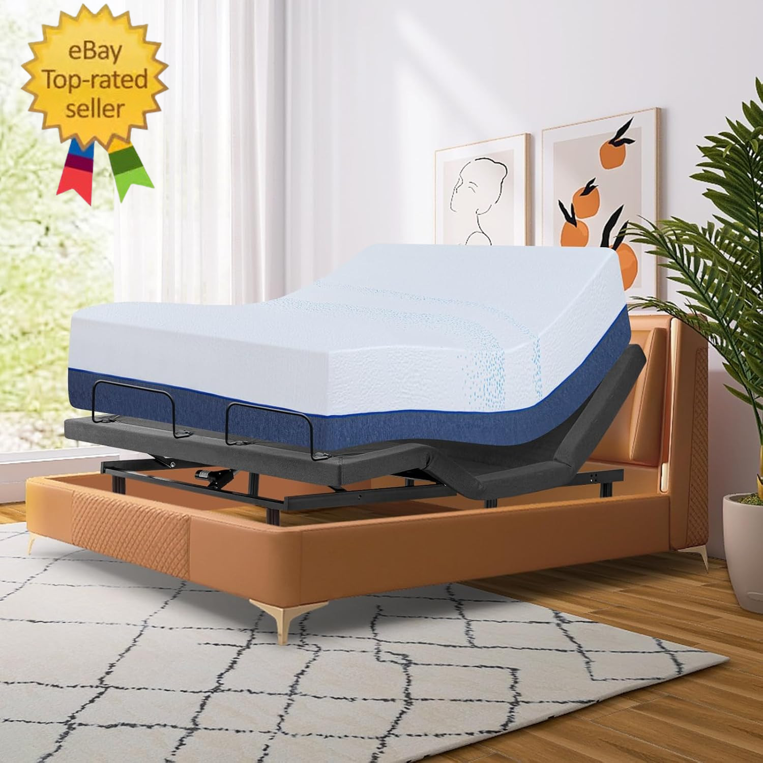 Queen Size Adjustable Bed Frame with Mattress,14 Inch Blue Gel Memory Foam Mediu