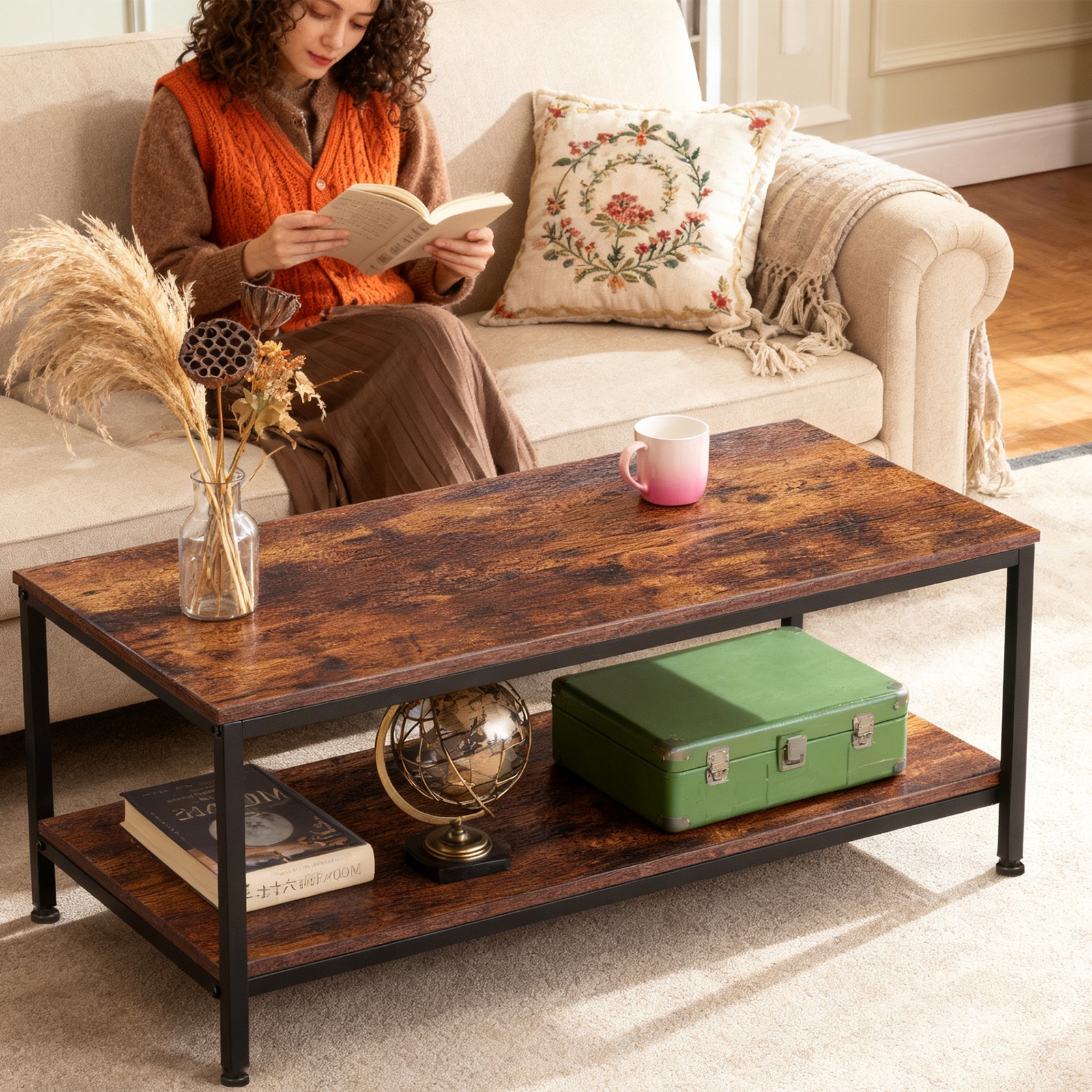 Coffee Table with Rectangle Wood and Stable Rustic Brown Living Room Table 39″