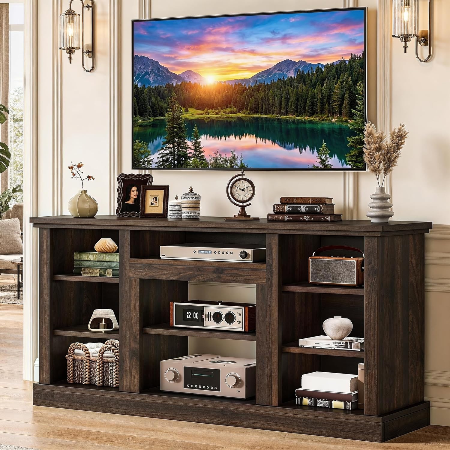 Farmhouse TV Stand 75/80 Inch TVs Entertainment Center W/ Adjustable Shelf &
