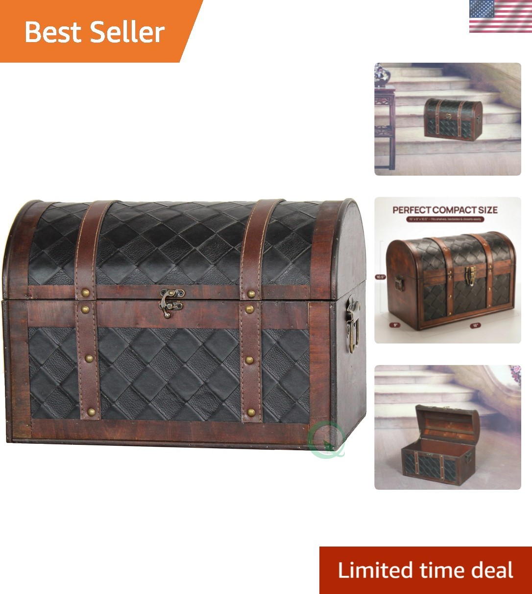 Wooden Leather Treasure Chest Vintage Trunk, Small Storage Chest, Mini Memory…