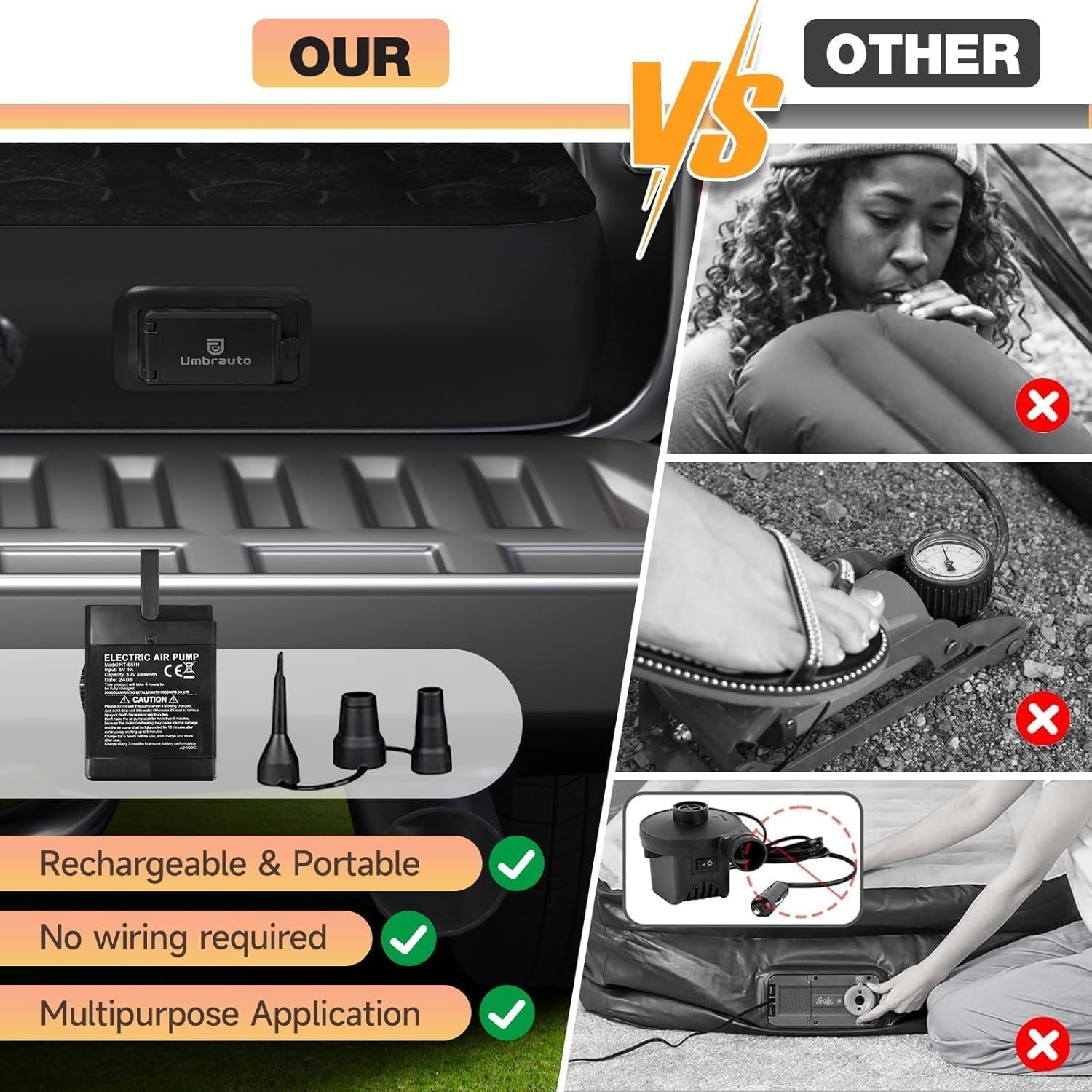Built-in Pump Air Mattress for 6-6.5ft Truck Bed, Inflatable Full-Size Pickup