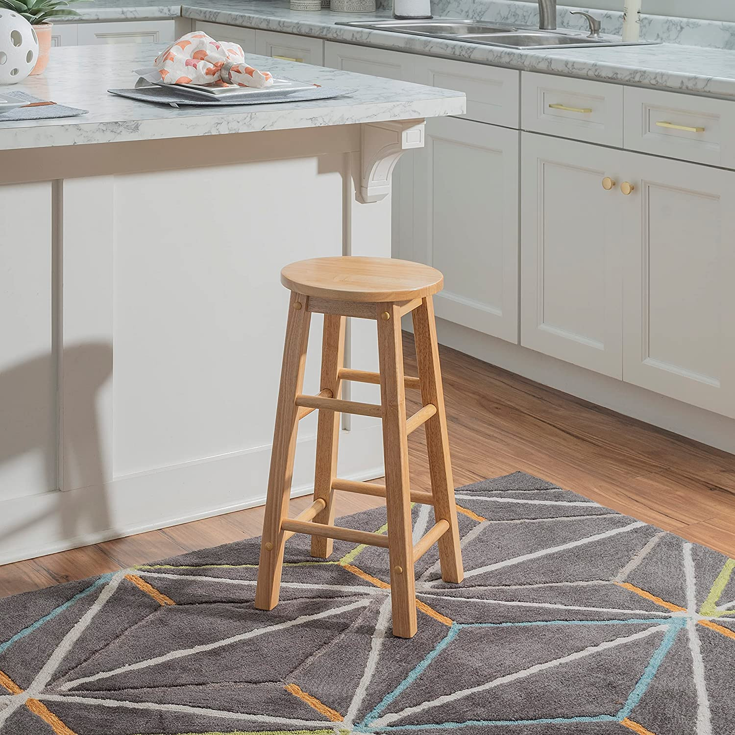 Wooden Bar Stool with round Seat for Kitchen Natural Wood Finish Furniture 24 In