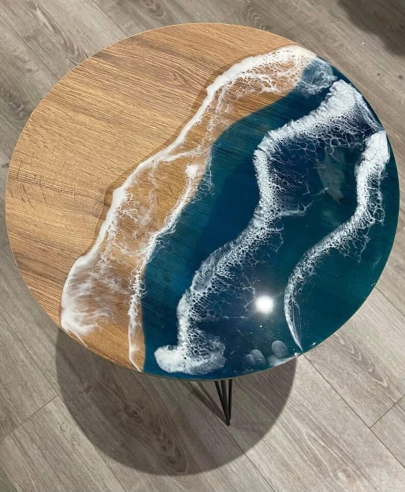 Blue Handmade Ocean Waves Epoxy Resin Live Edge Round Table with Stand for Home